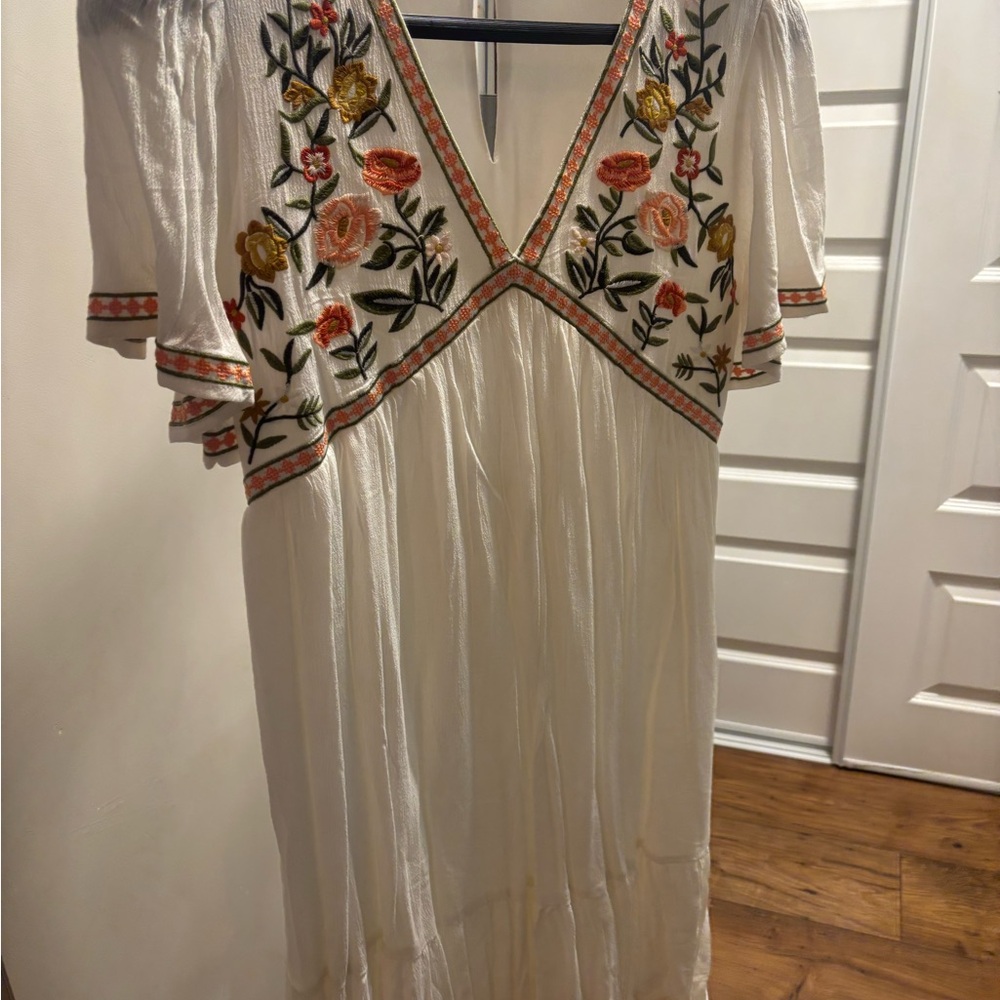 Three Bird Nest Cream Maxi Dress with Floral Embroidery